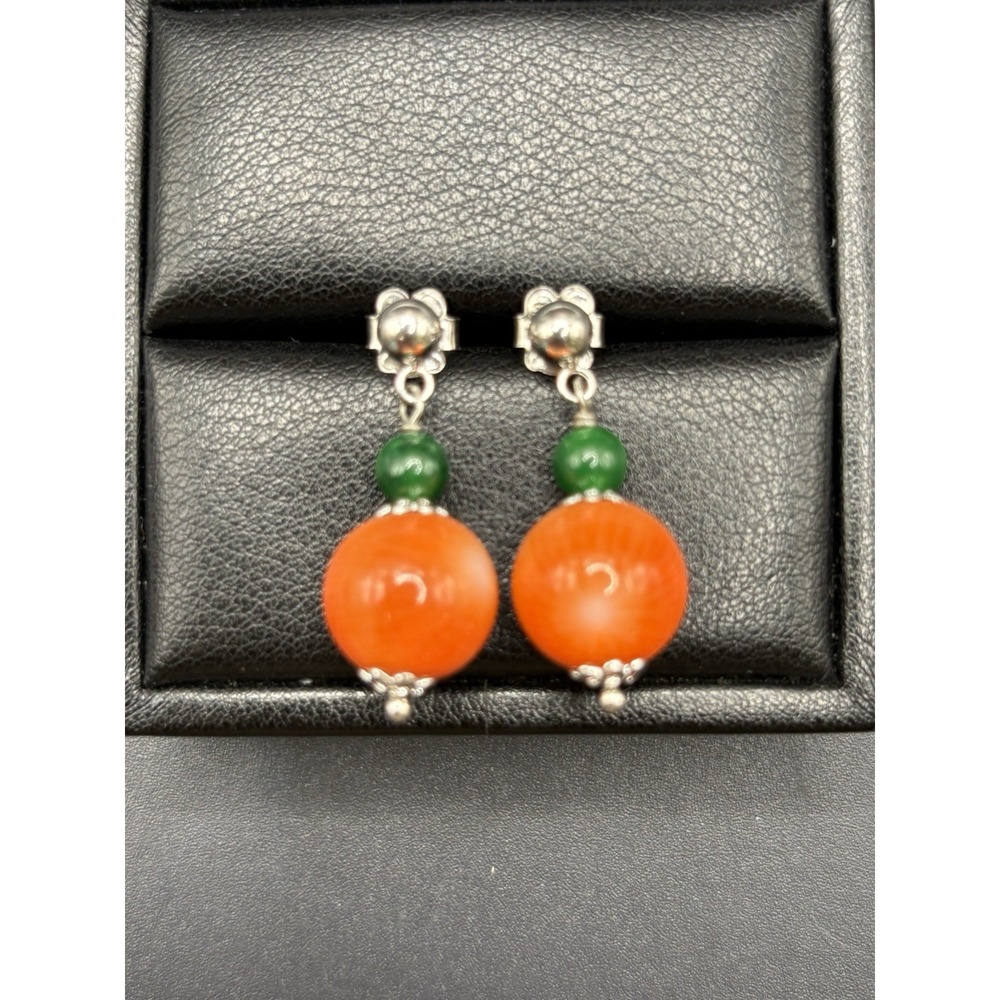 EUC Sterling Silver Coral Bead Dangle Earrings 925 E29